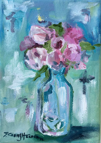 Blue Vase and Pink Roses